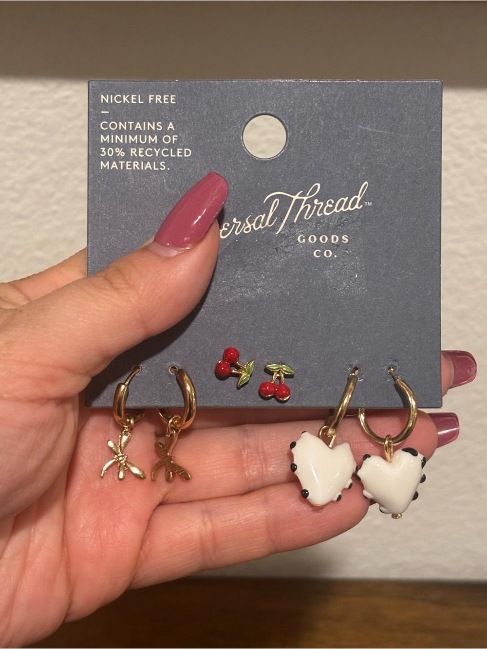 Universal Thread Gold Hoop Earring Set with White Hearts and Red Cherry Studs